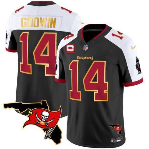 Mens Tampa Bay Buccaneers #14 Chris Godwin Black White With Florida Patch Gold Trim Vapor Stitched Jersey Dyin